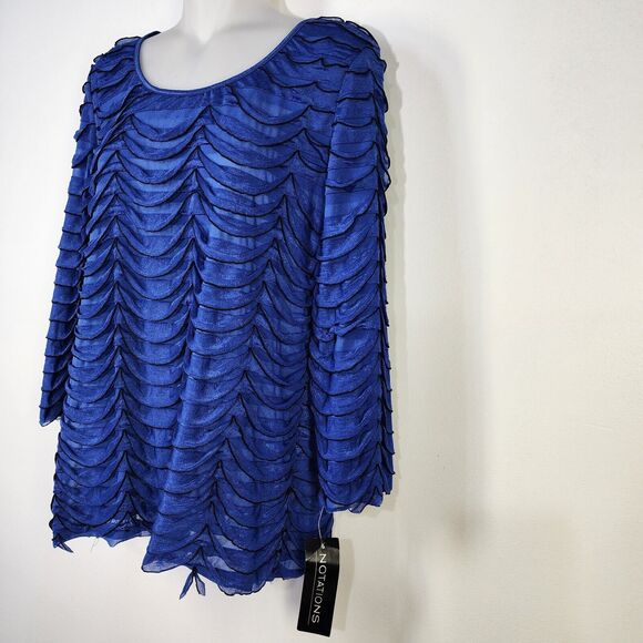 Notations Top Blouse Womens Large Blue Layered Ruffles 3/4 Sleeve Stretch Lined - Picture 5 of 10